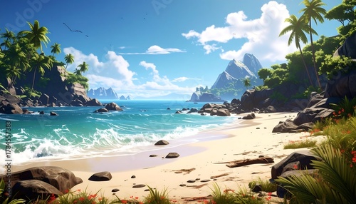 Fototapeta Naklejka Na Ścianę i Meble -  Sunny beach view with turquoise waters, palm trees, rocks, & distant mountains under a cloudy blue sky