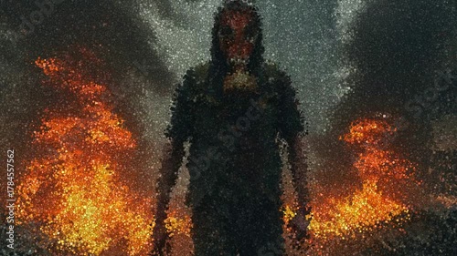 Person in Gas Mask and Backpack Walking Through Burning Urban Street Surrounded by Smoke and Destroyed Vehicles, Animation Made of Cubes