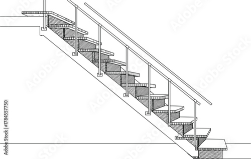 Concrete staircase elevation icon vector—side view with textured treads, stringers, handrail, and balusters for architectural design visuals