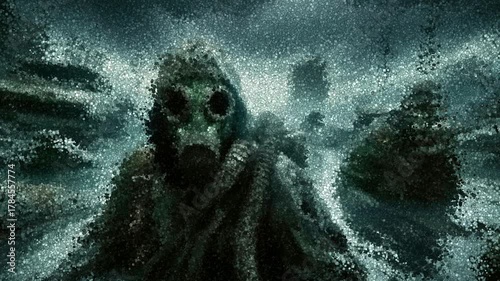 Two Individuals in Gas Masks and Protective Suits Wading Through Flooded Urban Ruins Under Dark Contaminated Sky, Animation Made of Cubes