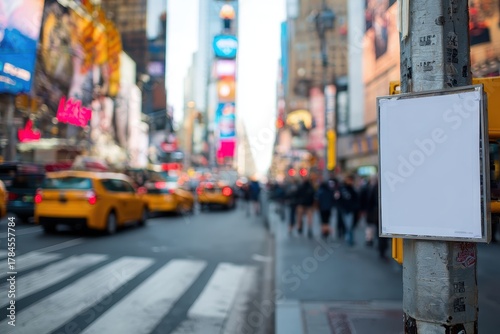 Fototapeta Naklejka Na Ścianę i Meble -  Busy NYC street in Times Square, small blank poster attached to lamppost, pedestrians blurred, taxis passing, neon signs, clean urban aesthetic, natural sunlight, ultra-realistic photo