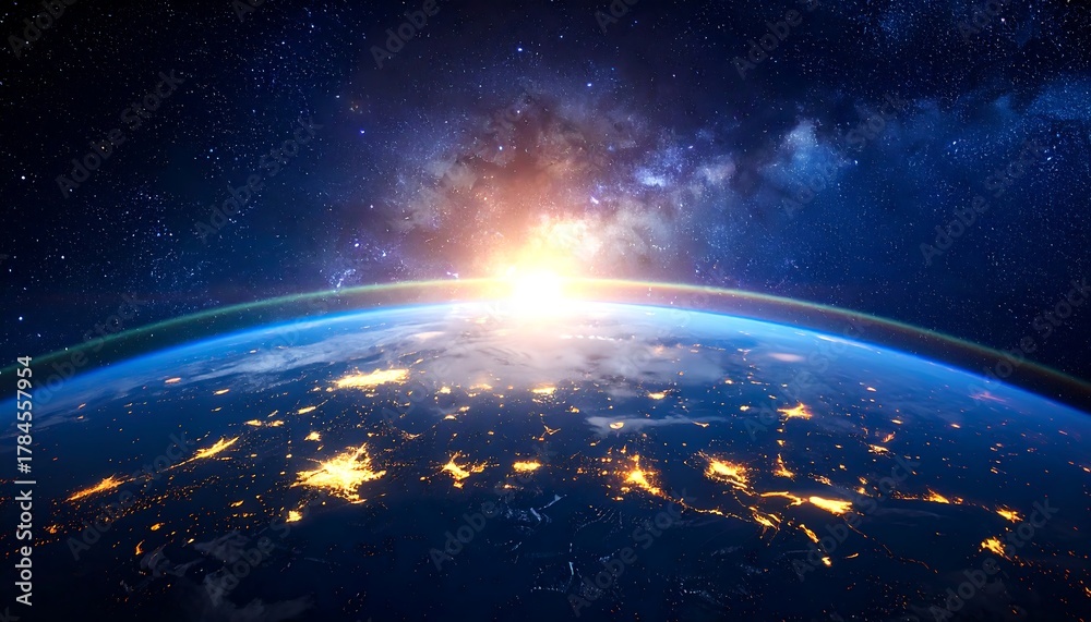 Obraz premium Space view of Earth at sunrise, with glowing cities and the Milky Way shining in the background