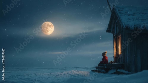 Child sitting outside wooden cabin watching full moon in peaceful snowy night warm light glowing from window winter scene