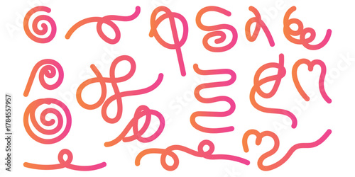 Collection of abstract hand drawn squiggly lines and shapes in pink and orange gradient