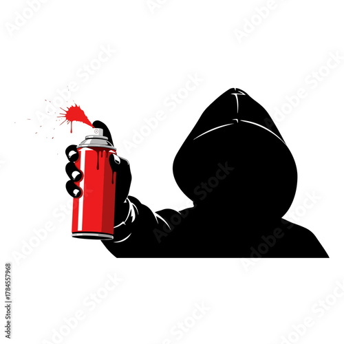 Anonymous hooded figure spraying red paint, urban art illustration, street creativity and graffiti concept