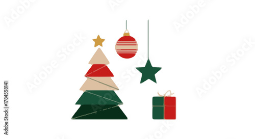 Modern minimalist illustration of a geometric Christmas tree with festive ornaments and a gift box
