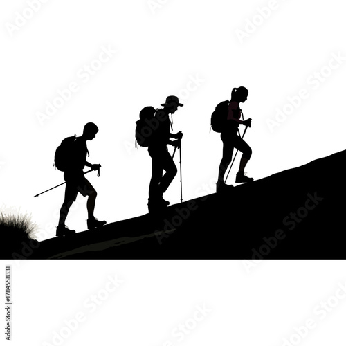 Silhouettes of three hikers with backpacks and trekking poles ascending a mountain trail, outdoor adventure