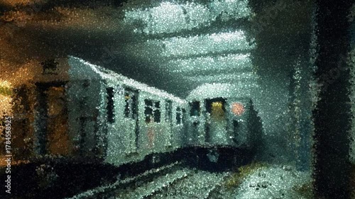 Abandoned Subway Station with Collapsed Roof and Rusted Trains Surrounded by Debris and Overgrown Vegetation, Animation Made of Cubes