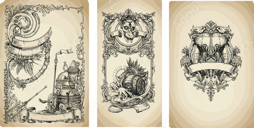 Vintage heraldic icon vector set—moon, shield, helmet, scroll banner, and floral embellishments for decorative and storytelling visuals