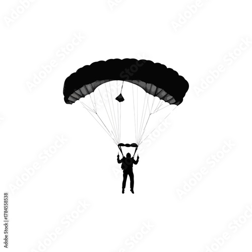 Skydiver silhouette with parachute, black vector illustration of a person descending, extreme sport activity