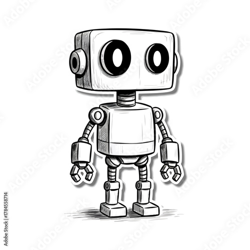 Charming cartoon robot character illustration, simple design, black and white style, cute technology concept