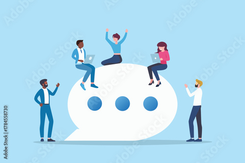 Diverse group of people collaborating and communicating online using laptops and mobile devices