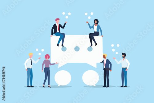 Diverse group of people engaged in conversation and communication with speech bubbles