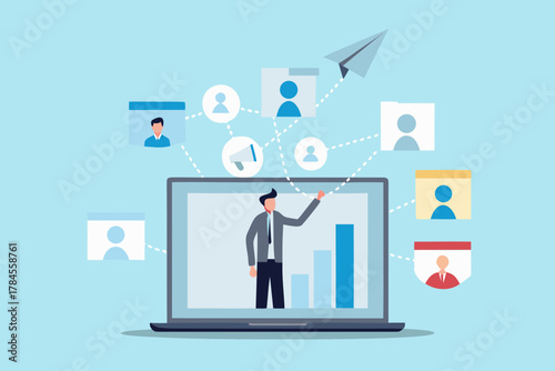 Business professional presenting a growth chart on a laptop screen connecting to a network of people and communication icons