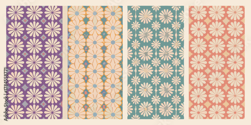 Four vertical seamless patterns featuring retro daisy flower motifs in purple orange teal and pink color palettes