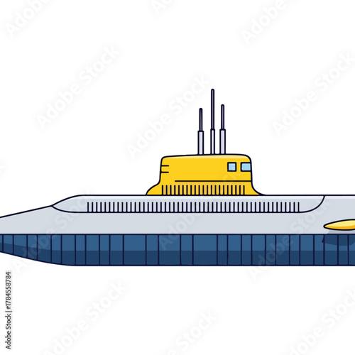 Detailed cartoon submarine illustration, yellow conning tower, ocean vessel, underwater exploration