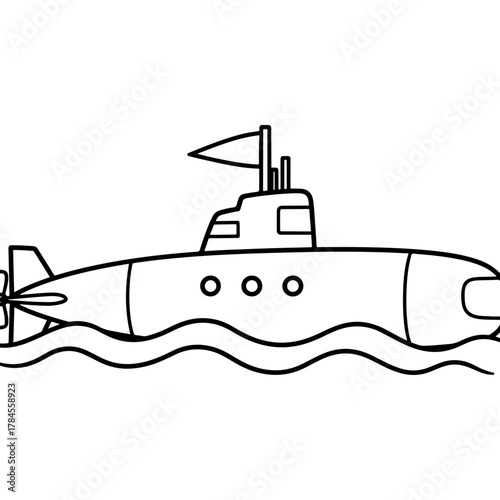 Minimalist line drawing of a generic submarine, featuring a conning tower, flag, and three portholes