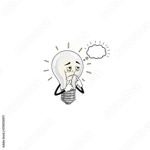 Sad cartoon lightbulb character thinking deeply, confused and worried, with a blank idea bubble.