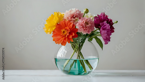 flowers in vase, Colorful flowers in glass vase on white table, minimalist background