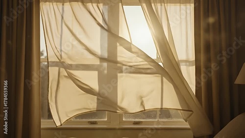 Window Curtains Blowing in Breeze: A Serene Interior Scene.