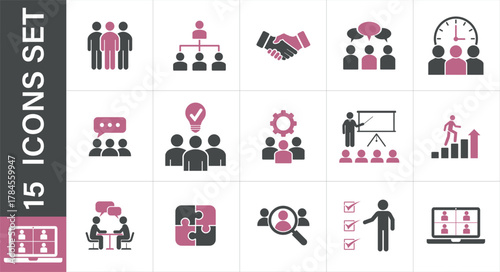 Business and teamwork icons. Business concepts like teamwork, meetings, strategy, and growth. 
Ideal for presentations and digital content