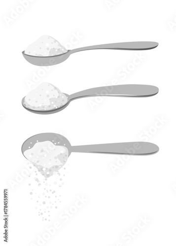 
Sugar spoon set full of powdered crystals of salt or sugar. Teaspoon side view with cooking and baking ingredients need for drinks coffee or tea stock illustration.