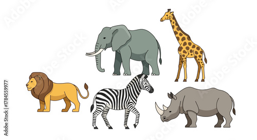 African Safari Animals Lion Elephant Zebra Giraffe and Rhino.