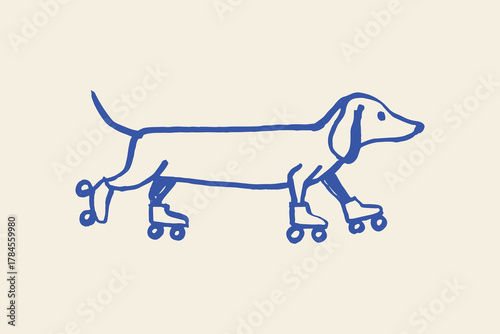 Dachshund on roller skates, naive doodle line art vector illustration