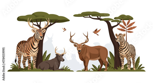 African wildlife scene featuring zebras and deer.