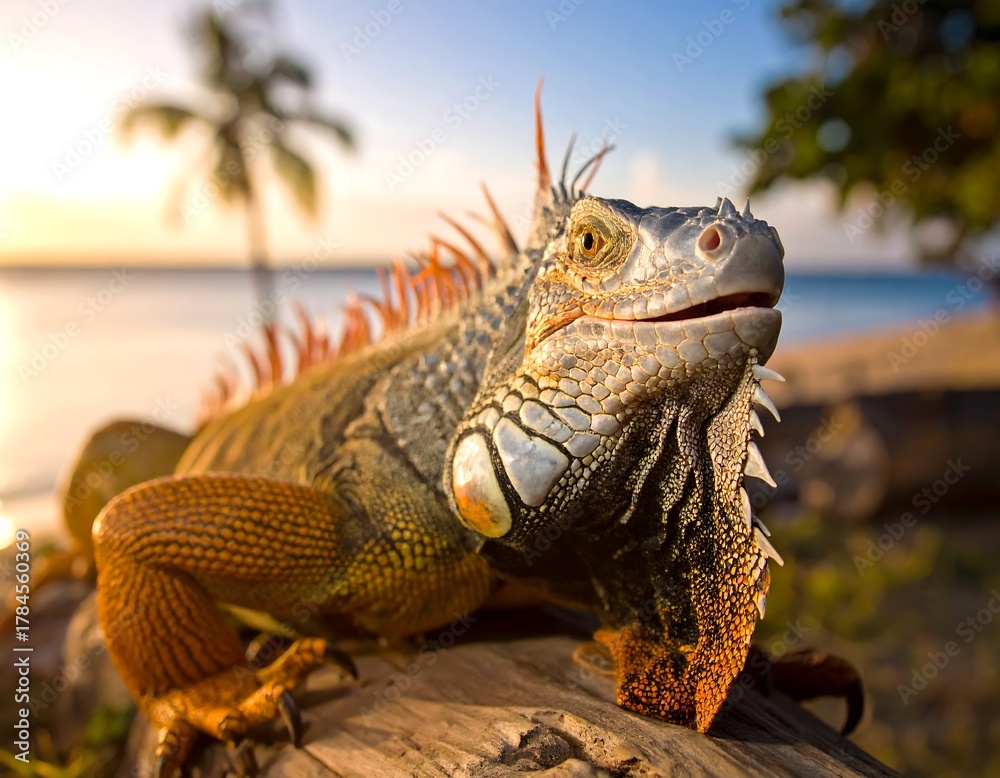 Fototapeta premium Close-up of an iguana basking on wood near a tropical beach during golden hour