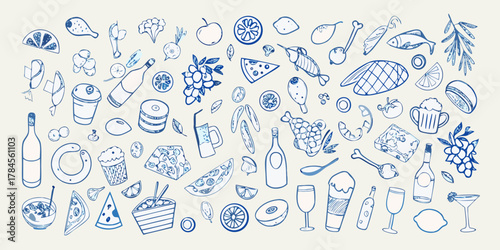Whimsical hand drawn blue food and drink elements scattered across a light background