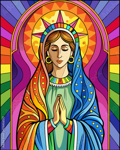 the Virgin Mary real, Stained Glass Style , rainbow color