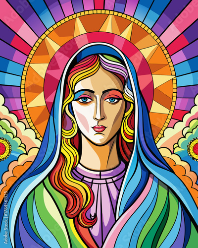 the Virgin Mary real, Stained Glass Style , rainbow color