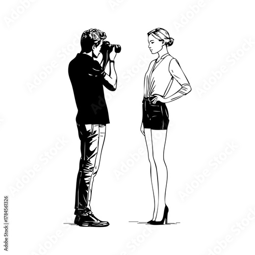 Photographer taking a portrait of a model, symbolizing photo sessions, studio work, and creative collaboration.