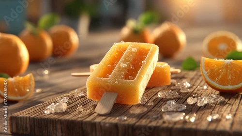 Orange popsicles on a wooden board with ice and orange slices