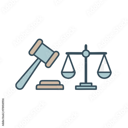 Lawyer Woman Standing Beside Justice Balance and Books Clean Tones White Background Graphic Art