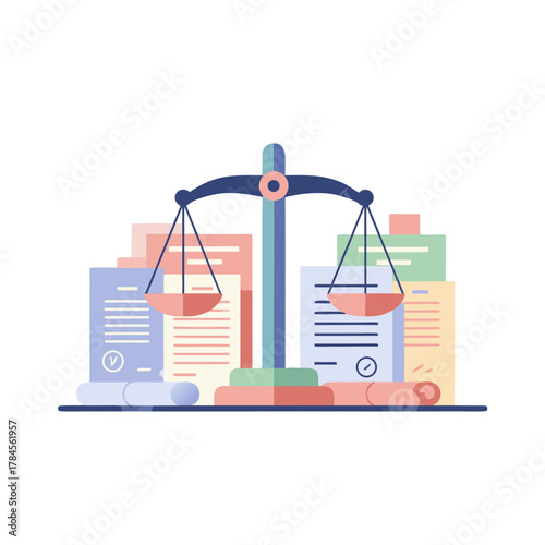 Legal Concept Of Justice Scales And Documents In Minimalist Clean Tones With White Background