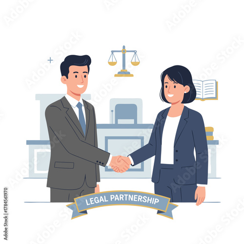 Legal Partnership Agreement Handshake Between Man And Woman Lawyer In Courtroom With Justice Scales Gavel And Law Books In Minimalist Style