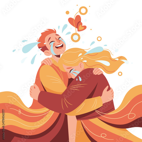 Joyful friends embracing with tears of happiness and falling confetti symbolizing celebration and shared emotional triumph with vibrant warm color palette