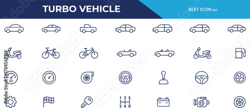 Turbo Vehicle Line Icons – Modern Car, Bike, Parts, Speed & Dashboard UI/UX Vector Set