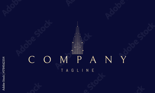 A vector golden logo featuring an abstract image a radiant tower made of light beams rising upward, symbolizing progress and enlightenment.