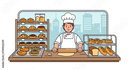 Baker Rolling Dough in a Bakery Shop.