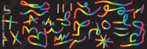 Abstract vibrant gradient strokes forming dynamic shapes on a black background, modern digital art with colorful neon lines, creative fluid composition, glowing rainbow scribbles and curves, futurist