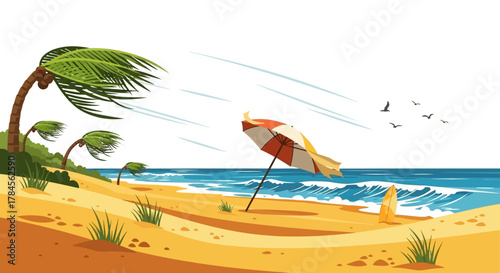 Beach scene with strong wind and storm.