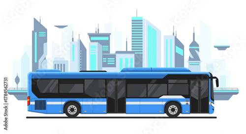 Blue articulated bus in a modern city skyline.