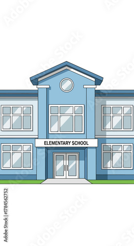 Blue Elementary School Building with Signage.