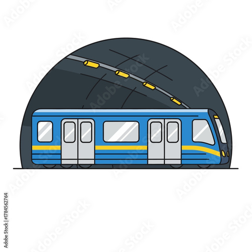 Blue subway train travels through a dark tunnel underground.