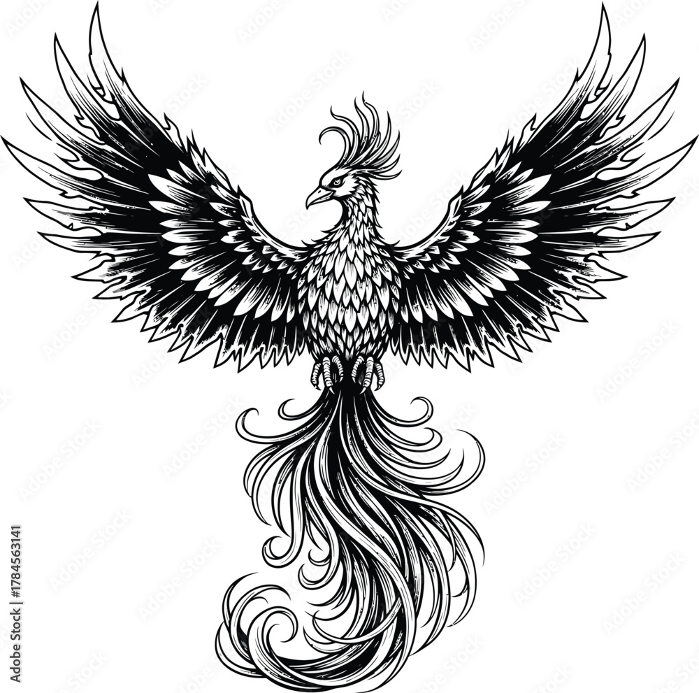 Obraz premium Phoenix bird illustration black and white mythical creature tattoo art eps silhouette