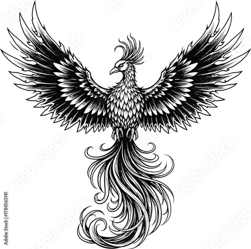 Phoenix bird illustration black and white mythical creature tattoo art eps silhouette
