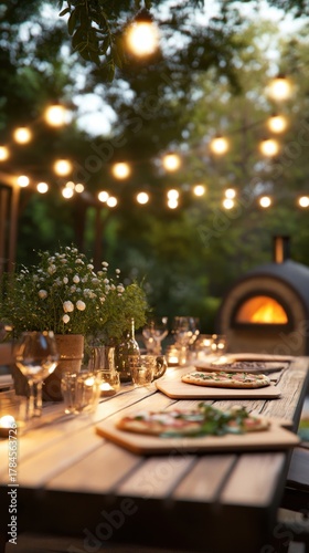 Outdoor dinner party with pizza and ambient string lights in garden setting